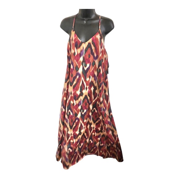 Nicole Miller brown gold ikat style v-neck satin effect maxi dress size small - Picture 10 of 13